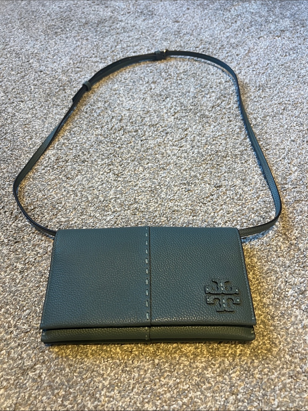 Tory Burch Forest Green Pebbled Leather Crossbody Wallet